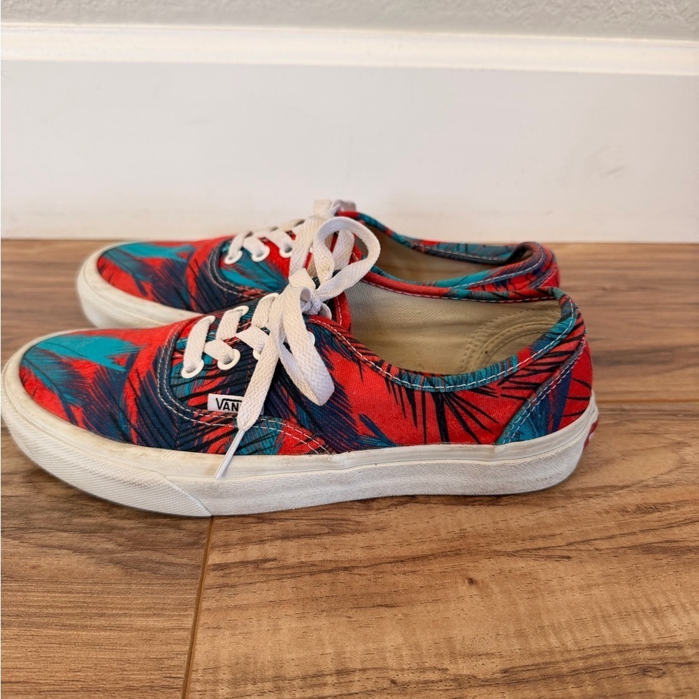 Vans Classic Low Lace Up Red and Teal Tropical Palm Tree Canvas Sneakers Size 7 - Picture 3 of 7